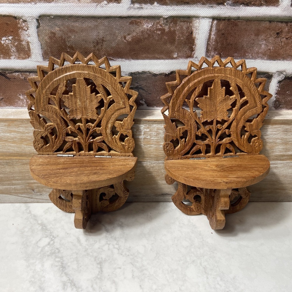 Vintage Pair (2) Hand Carved Wooden Folding Wall Shelf Maple Leaf Carving